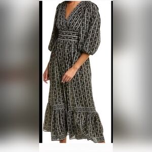 Max Studio Floral Boho Deep V Neck 3/4 Puff Sleeve Maxi Dress Large